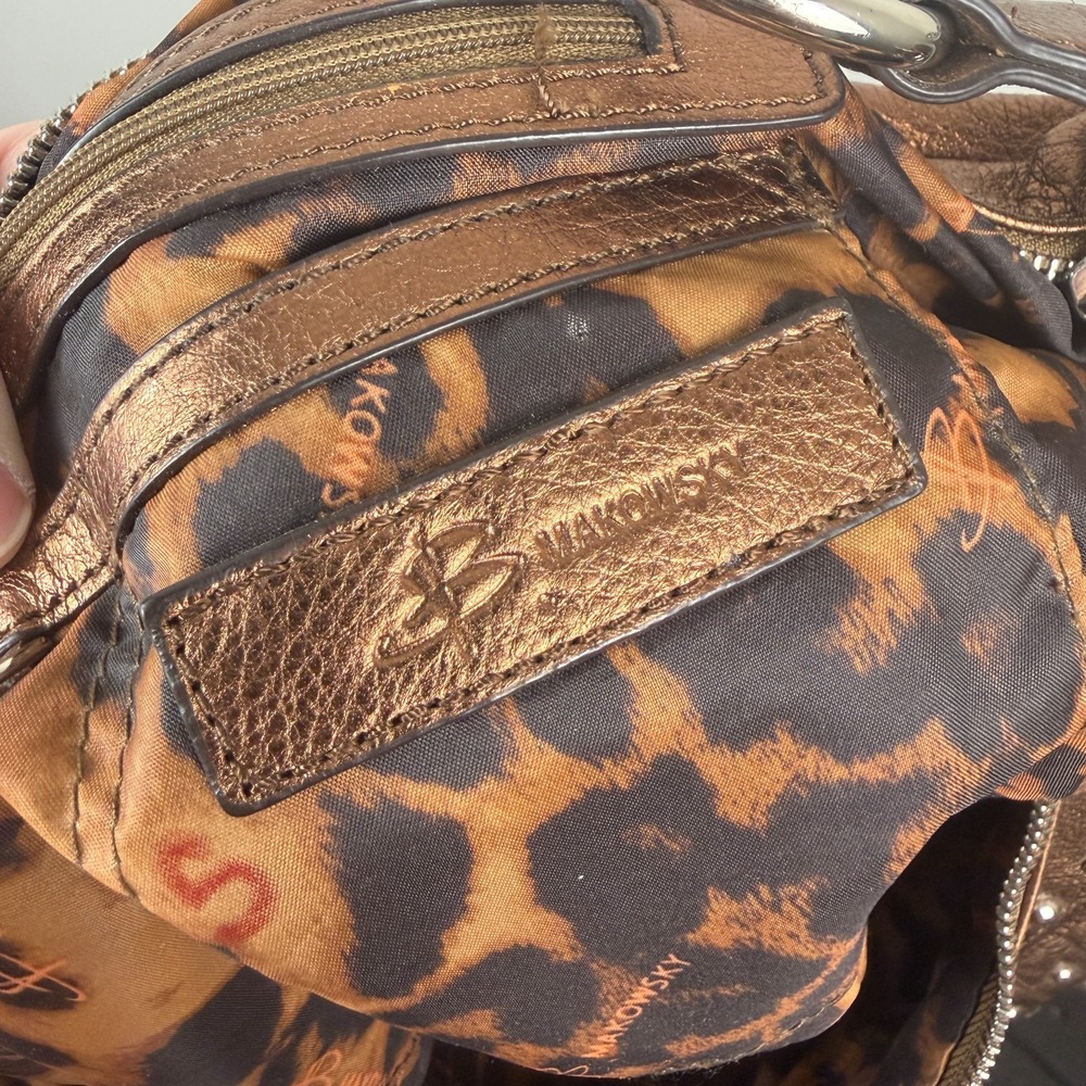 B. Makowsky Hobo Bag Women Metallic Bronze Leather Studded Fringe Shoulder Strap - Picture 10 of 16